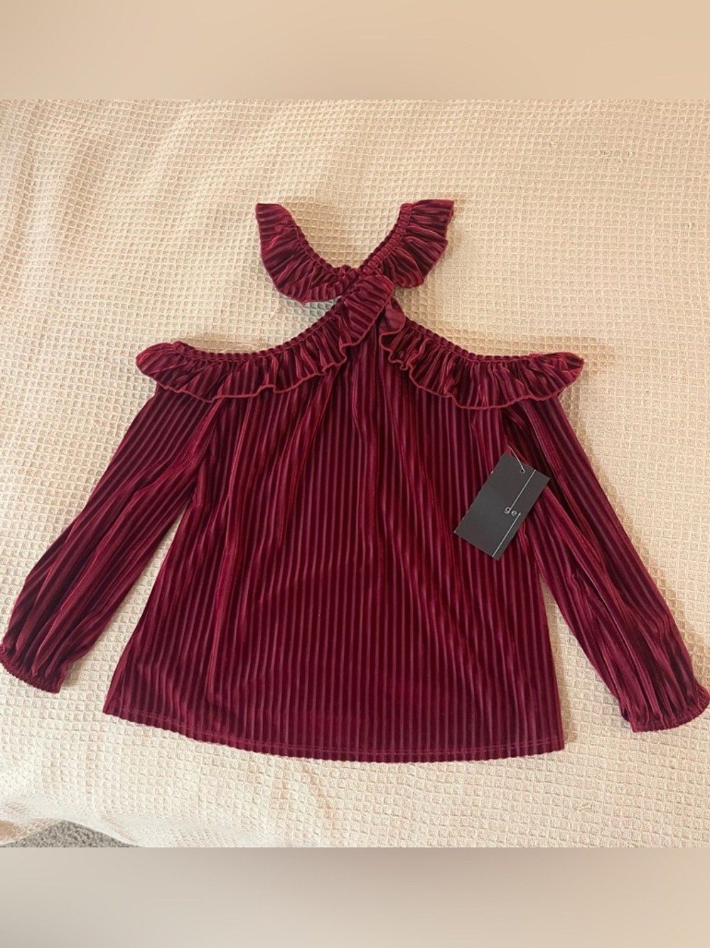 Beautiful unique kawaii ruffle corduroy red halter cold shoulder top